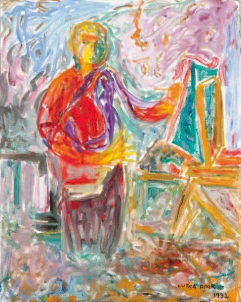 LUTKA PINK 1906 - 1998
Peintre au chevalet, 1992 Huile sur carton toilé. Signée et datée en bas à droite. 51 x 40 cm