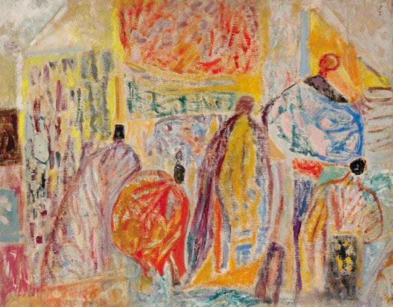 LUTKA PINK 1906 - 1998
Discours Talmut, 1960 Huile sur toile. Signée du cachet, titrée et datée au dos. 70 x 86 cm