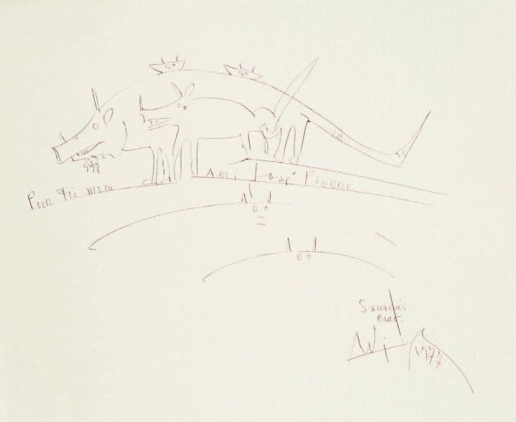 Wifredo LAM (1902-1982)
Animaux fantastiques, 1977 Encre rouge sur papier. Signé et daté en bas à droite. Dédicacé « à José Pierre ». 41.50 x 48.50 cm