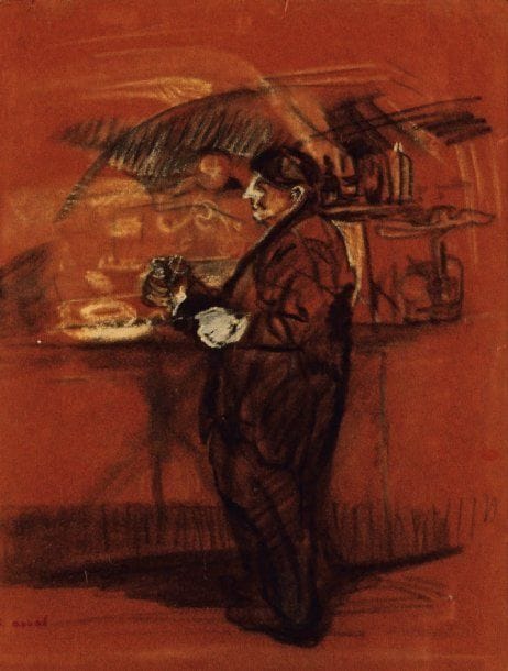 Farid AOUAD [libanais] (1924-1982)
Au comptoir Fusain et craie blanche sur velours brun. Signé en bas à gauche. Petits accidents en marges. 32.60 x 24.90 cm