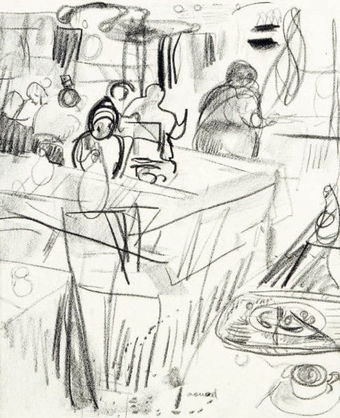 Farid AOUAD [libanais] (1924-1982)
Au bistrot Fusain. Signé au crayon en bas au centre. 25 x 20 cm