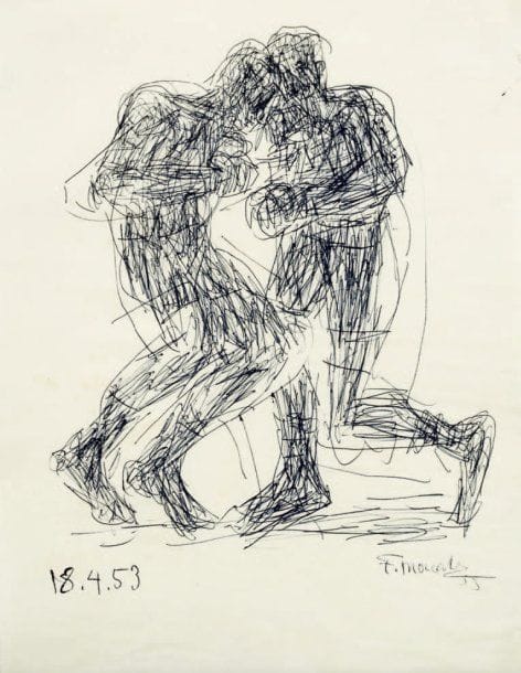 Fikret MOUALLA [turc] (1905-1968)
Les boxeurs, 1953 Deux dessins au stylo bille. Signés et datés en bas à droite. Datés 18.4.53 en bas à gauche. Chaque : 33.50 x 25.80 cm
