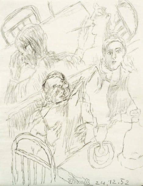 Fikret MOUALLA [turc] (1905-1968)
Au bistrot, 1952 Crayon. Signé et daté 24.12.52 en bas à droite. 33.50 x 26 cm