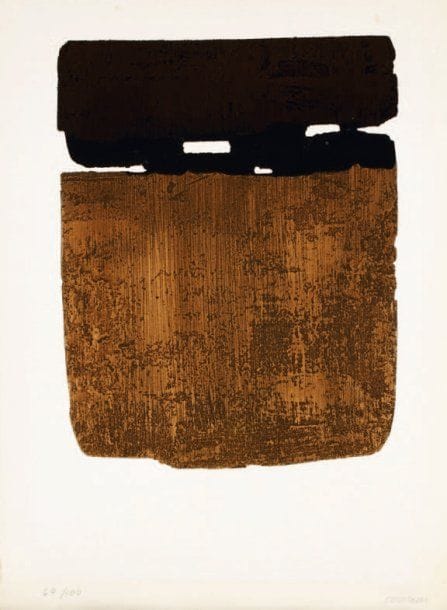 Pierre SOULAGES (né en 1919)
Eau-forte n° XXVI. 1974. Eau-forte sur métal découpé. 395 x 505. Impression en couleurs. Belle épreuve sur vélin, numérotée et signée à la mine de plomb. Bandes d'oxydation aux bords du feuillet. Petites rousseurs. Toutes marges. Tirage à 100 épreuves. La Hune, Paris éditeur.