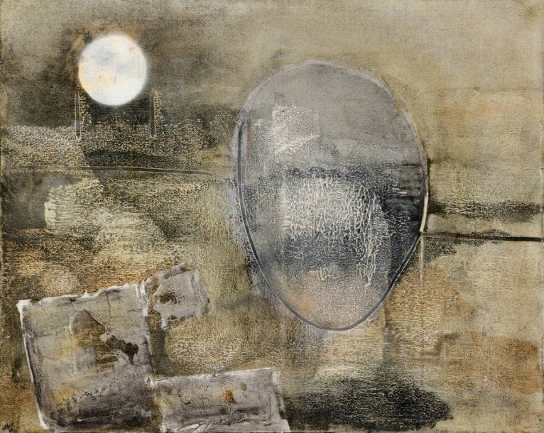 Ala El Din Abdellatif, dit ALDINE [égyptien] (1917-1957)
Le rêve d'Einstein, n° 261, 1960 Technique mixte sur toile. Signée et datée en bas à gauche. 65 x 81 cm