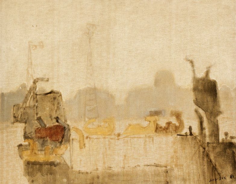 Zoran MUSIC (1909-2005)
Nave alle zattere, 1981 Huile sur toile. Signée et datée 81 en bas à droite. Signée, datée et titrée au dos. 65 x 82 cm Provenance : Succession M.