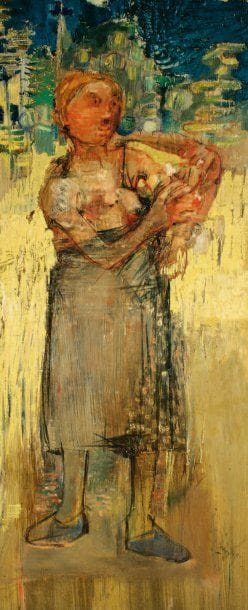 Paul REBEYROLLE (1926-2005)
Femme au bouquet Huile sur toile. Signée vers le bas à droite. Titrée au dos. 214 x 90 cm Provenance : Succession B.