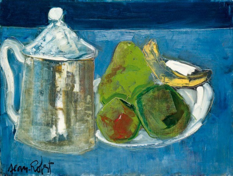 Jean ROBERT (né en 1921)
Nature morte fond bleu Huile sur toile. Signé en bas à gauche. 46 x 61 cm