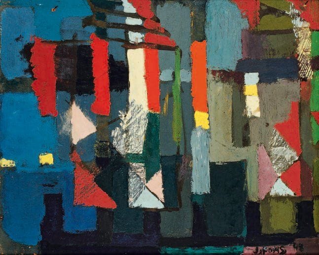 Jean PONS (1913-2005)
Les lumières de la vie, hommage à Charles Lapicque, 1948 Huile sur carton. Signée et datée en bas à droite. Signée, datée et titrée au dos. 28 x 34 cm