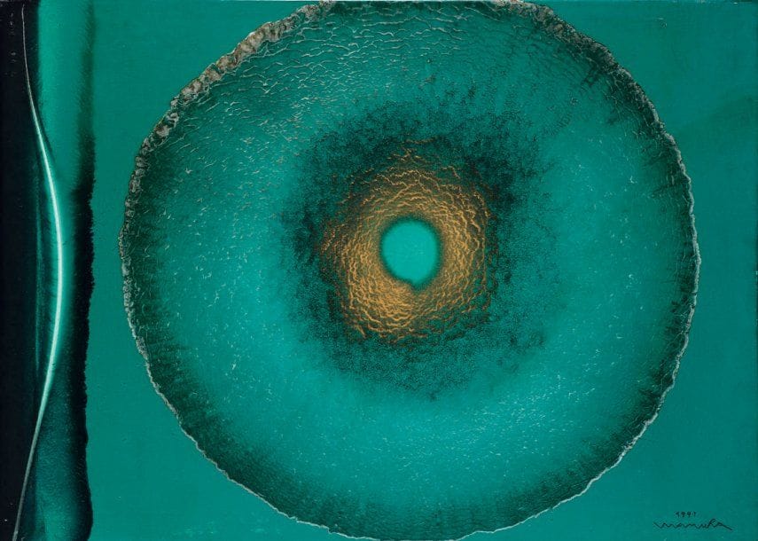 Yukio IMAMURA [japonais] (né en 1935)
Zénon vol 91123, 1991 Acrylique sur toile. Signée et datée en bas à droite. Titrée au dos. 65 x 91 cm