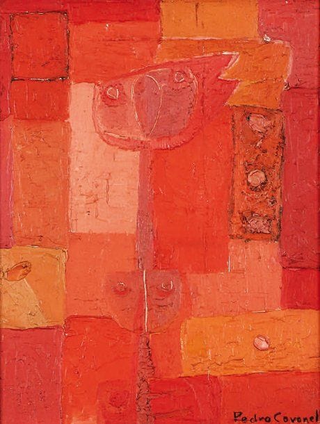 Pedro CORONEL [mexicain] (1923-2005)
Das habitados, 1961 Huile sur toile. Signée en bas à droite. Contresignée, située à Paris et datée au dos. Porte une étiquette d'exposition de la galerie Le Point Cardinal au dos. 34 x 25 cm
