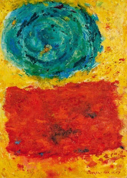 Ernest ENGEL-PAK (1885-1965)
Bonheur jaloux, 1957 Huile sur isorel. Signée et datée en bas à droite. Contresignée, datée et titrée au dos. 65 x 46 cm
