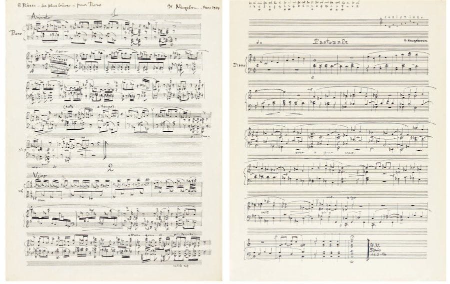 HENRIK NEUGEBOREN dit Henri Nouveau (1901-1959)
[MUSIQUE] OEuvres pour Piano, 1934-1946. Cinq Manuscrits et une copie autographes par Henri Neugeboren. - Minima. « Paris, mars 1934 ». Manuscrit autographe signé de 8 pages in-folio. Reproduit dans le supplément de La Revue Musicale , n° 246 (1960). - 8 pièces - ses plus brèves. « Paris, III. 1934 ». Manuscrit autographe signé de 5 pages in-folio. Autre version de Minima. - Six pièces sur des chansons paysannes hongroises. « Paris VI 1939 ». Manuscrit autographe signé de 4 pages in-folio - 3ème Petite Suite. « I-II. 1940 ». Copie autographe signée de 8 pages in-folio, avec l'envoi autographe : « Copie pour E.M.E. Rosé, 18.3.1940. H.N. » . - 2 pièces : Elégie et Valse. « Paris, V. 1940 ». Manuscrit autographe signé de 4 pages in-folio. Dédicace autographe « à Mme E.ME. Rosé ». - Pastorale. Manuscrit autographe d'une page in-folio, signé et daté 11.2.1946. Mélodie établie en correspondance musicale sur le prénom de « Christine » On joint deux partitions de Neugeboren publiées par Leduc (in-4, en feuilles): Quatre pièces sur des thèmes populaires roumains (1930, 11 pp.) et Petite Suite (1930, 15 pp.), exemplaires portant l'ex-dono manuscrit « Rosé ». Henri Nouveau Né le 6 mars 1901 en Transylvanie, Henri Nouveau, de son vrai nom Henrik Neugeboren, commence très jeune l'apprentissage de la musique avec sa mère et un de ses oncles, pasteur - toute sa famille vivait encore dans une tradition ouvertement germanique. Son père, architecte, lui donne aussi très tôt accès à des plans de travaux et des chantiers de construction en Hongrie et en Roumanie. Elève au lycée de Budapest, il opte pour la nationalité hongroise et s'établit à Berlin en 1921 afi n de suivre pendant quatre ans les cours de l'Académie de musique. Il enchaîne ensuite sur Paris où il étudie auprès de Nadia Boulanger jusqu'en 1927, avant de retourner à Berlin pour deux ans. En 1928, il est profondément marqué par son séjour à Dessau, occasion pour lui de fréquenter le Bauhaus et de rencontrer Klee et Kandins