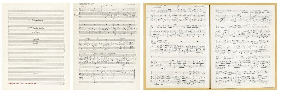 HENRIK NEUGEBOREN dit Henri Nouveau (1901-1959)
[MUSIQUE] OEuvres pour Piano et Violon, 1936-1940. Deux manuscrits et une copie autographes par Henri Neugeboren. - Epi milligramm. « 4. IV. 39 ». Manuscrit autographe signé d'une page in-folio, avec envoi à E.M.E. Rosé. Un autre version d'une page avec un texte supplémentaire en allemand est jointe, ainsi qu'un fragment de manuscrit comportant le thème du violon sur deux portées. - 3ème sonatine. « Nice, 1936 ». Copie autographe signée de 19 pages in-folio, avec la mention autographe en allemand « Copie pour E.M.E. Rosé, 23.9.39. H.N. ». - Prélude, Cadence, Air, Finale. « (1940) ». Manuscrit autographe signé de 7 + 4 pages in-folio, avec un envoi autographe à E.M.E. Rosé.