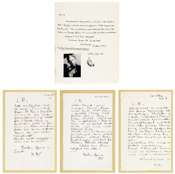 HENRIK NEUGEBOREN dit Henri Nouveau (1901-1959)
[CORRESPONDANCE] Ensemble de lettres autographes adressées par Henri Nouveau à E.M.E. Rosé, entre 1924 et 1959. Lettres (parfois de plusieurs pages) et billets (parfois d'une seule ligne), à l'encre noire ou au crayon, en français ou en allemand, datés et signés H.N. pour la plupart ; témoignages d'une grande amitié et d'une tentative de confession parfois extrême de l'artiste auprès de son amie : « Conscient depuis longtemps de mes « déraillements », je n'arrive néanmoins à les éviter ». Au long de ses nombreux messages, Nouveau évoque Freud, Mahler (et la faiblesse de sa 6ème Symphonie), Bartok, Picabia, Aldous Huxley ou Henri Michaux bien entendu, les désordres et les privations dus à la guerre le préoccupent, voire l'obsèdent lorsque la faim et le froid l'étreignent, mais lui inspirent aussi des plaisanteries acerbes sur Hitler et les nazis, dont il moque l'emblème en l'intégrant graphiquement à son écriture. (les lots 39 A à 39 D sont vendus sur enchères provisoires, avec faculté de réunion.) De 1924 à 1940 : 60 lettres et billets autographes, dont la quasi totalité sont écrites durant l'année 40. Les lettres antérieures sont souvent plus longues et plus respectueuses mais parfois humoristiques (photos découpées en 1939), les lettres de guerre plus âpres et parfois désespérées. On joint 4 lettres d'E.M.E Rosé, dont une avec un amusant montage photographique.
