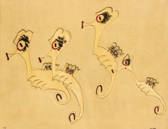 HENRIK NEUGEBOREN dit Henri Nouveau (1901-1959)
Bernpferdchen hintan (Les hippocampes par derrière), 1936 Technique mixte sur papier, signée des initiales et datée en bas vers la droite, resignée des initiales, redatée 21.III.36 et titrée au verso. 29,5 x 38 cm Exposition : Probablement, Henri Nouveau, Galerie de France, Paris, 8-31 janvier 1959.