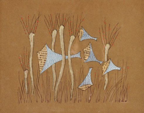 HENRIK NEUGEBOREN dit Henri Nouveau (1901-1959)
Sans titre, 1938 Technique mixte et collage sur papier, signée des initiales et datée 38 vers le bas et vers la droite, resignée des initiales, redatée 3.XII.38 et dédicacée à « Mausi » au verso. 27 x 34 cm