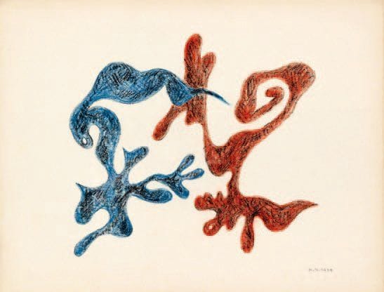 HENRIK NEUGEBOREN dit Henri Nouveau (1901-1959)
Rouge et bleu, 1939 Dessin aux crayons de couleurs, signé des initiales et datée en bas à droite. 24,5 x 32 cm