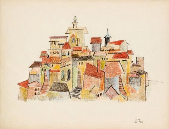 HENRIK NEUGEBOREN dit Henri Nouveau (1901-1959)
Au midi, 1939 Dessin à l'encre et aux crayons de couleurs, daté I.39 et titré en bas vers la droite. 24,5 x 32 cm