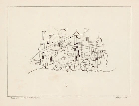 HENRIK NEUGEBOREN dit Henri Nouveau (1901-1959)
Très peu avant l'accident, 1939 Dessin à l'encre de chine, signé des initiales et daté 23.XI.39 en bas à droite et titré en bas à gauche. 17 x 23,5 cm