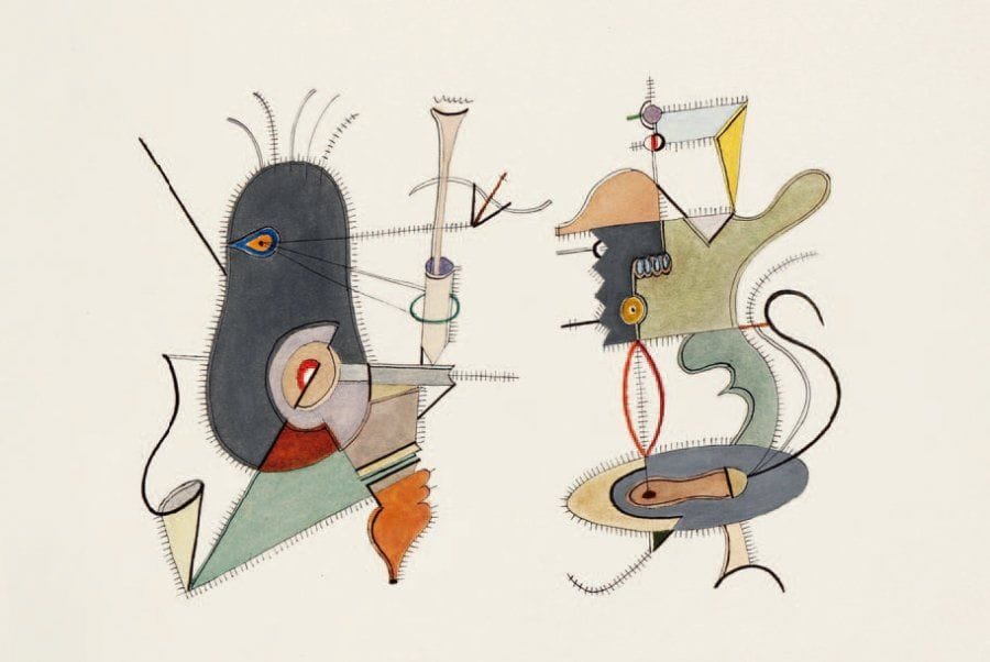 HENRIK NEUGEBOREN dit Henri Nouveau (1901-1959)
Sans titre, 1939 Technique mixte sur papier, signée des initiales, datée 26.XII.39, située « Paris », marquée copie et dédicacée pour « Mausi » au verso. 26,5 x 39 cm