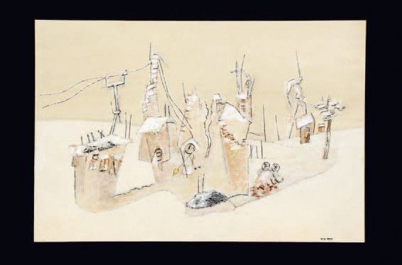 HENRIK NEUGEBOREN dit Henri Nouveau (1901-1959)
Ex-lieu, 1939 Technique mixte sur papier, signée des initiales et datée en bas vers la droite, resignée des initiales, redatée XII.39, située « Paris » et dédicacée « à Madame E.M.E. Rosé » au verso. 30 x 44,5 cm