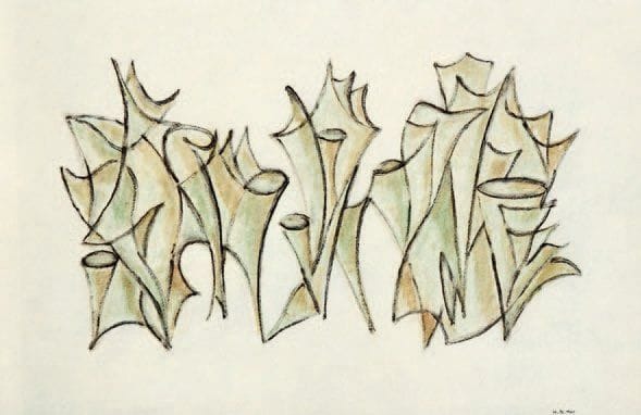 HENRIK NEUGEBOREN dit Henri Nouveau (1901-1959)
Rêve d'endives, 1940 Technique mixte sur papier, signée des initiales et datée en bas vers la droite, resignée des initiales, redatée II.1940, située « Paris », titrée et dédicacée « à Madame E.M.E. Rosé » en date d'okt. 1944 au verso. 26 x 40,5 cm Exposition : Henri Nouveau, Galerie de France, Paris, 8-31 janvier 1959.
