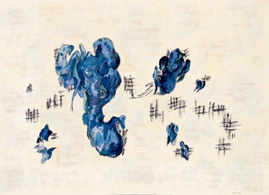 HENRIK NEUGEBOREN dit Henri Nouveau (1901-1959)
Taches bleues de Madame R, 1940 Technique mixte sur papier, signée des initiales et datée en bas vers la droite, resignée des initiales, redatée 26.4.40, située « Paris » et titrée au verso. 29,5 x 40 cm Exposition : Henri Nouveau, Galerie de France, Paris, 8-31 janvier 1959.