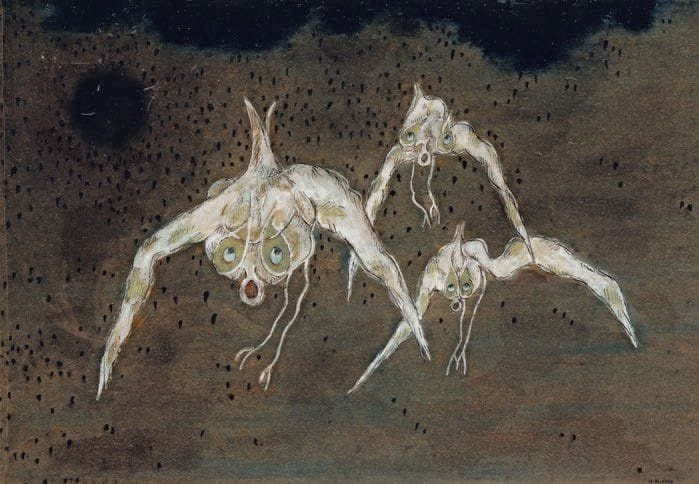 HENRIK NEUGEBOREN dit Henri Nouveau (1901-1959)
Oiseaux légèrement gazés, 1940 Technique mixte, signée des initiales et datée en bas vers la droite, resignée des initiales, redatée 3.I.40, située « Paris », titrée et dédicacée « à Madame E.M.E . Rosé » au verso. 29 x 42 cm Exposition : Henri Nouveau, Galerie de France, Paris, 8-31 janvier 1959.