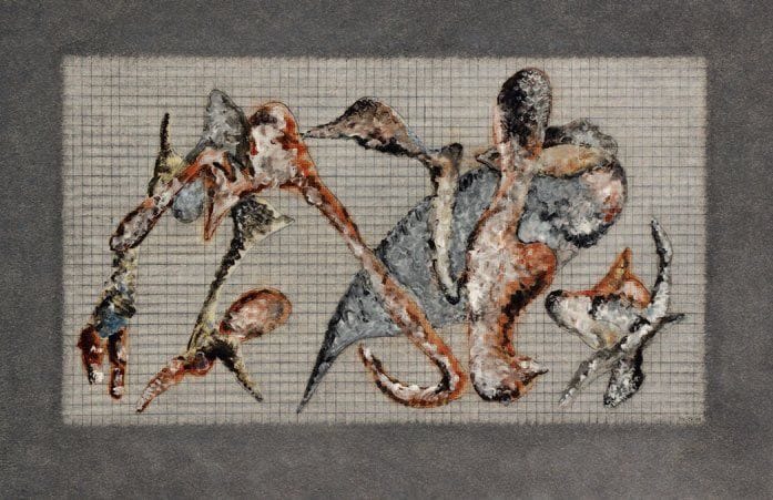 HENRIK NEUGEBOREN dit Henri Nouveau (1901-1959)
Sans titre fond gris, 1940 Technique mixte signée des initiales et datée vers le bas et vers la droite, resignée des initiales, redatée 31.10.40, dédicacée à « Mausi » le 3.XII.40 au verso. 31 x 45,5 cm