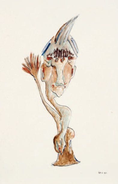 HENRIK NEUGEBOREN dit Henri Nouveau (1901-1959)
Sans titre, 1941 Technique mixte sur papier, datée 29.I.41 en bas à droite, signée des initiales, redatée, située « Paris » et légendée en allemand : « L'agence Reuter annonce qu'on érigera bientôt dans l'ancien port mondial H. (Hambourg) en face des USA la statue de l'Auguste, ou : « Celui qui ne veut pas écouter doit sentir » (proverbe allemand qui équivaut à : si tu ne comprends pas le langage des mots, tu comprendras celui de la force) » au verso. 47 x 30,5 cm