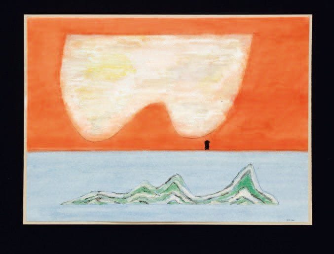 HENRIK NEUGEBOREN dit Henri Nouveau (1901-1959)
Sans titre (ciel orange), 1941 Technique mixte, signée des initiales et datée en bas à droite, resignée des initiales, redatée 1.12.41 et dédicacée pour Mausi au verso. 30,5 x 42 cm