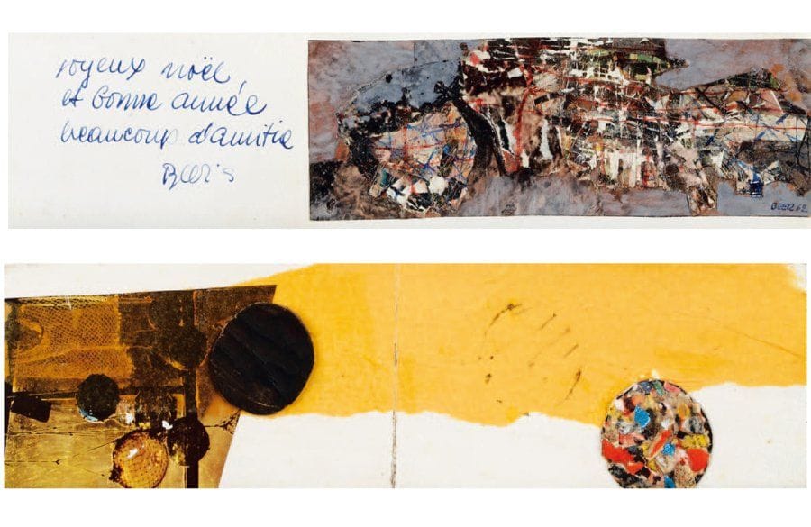 Franz BEER (né en 1929)
Cartes de voeux Deux dessins, technique mixte et collage sur carton 1957 et 1962. Signés et datés. 9.5 x 34.5 cm et 7 x 20 cm