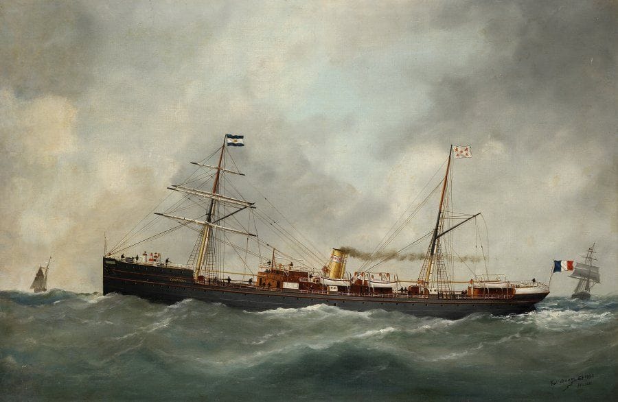 Marie-Edouard ADAM (1847-1929)
Le Concordia, 1890. Huile sur toile. Signée et datée en bas à droite. Située au Havre. Griffures en bas à droite. Réentoilage. 61 x 91 cm