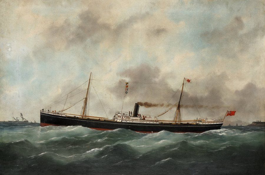 Marie-Edouard ADAM (1847-1929)
Le navire Imaum près des côtes. Sur sa toile d'origine. Déchirures sur le côté droit. 62 x 92 cm