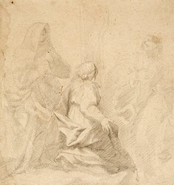 Attribué à Charles de la Fosse (1636 - 1716)
Etude de trois figures de femmes. Pierre noire. 29 x 28 cm. Porte au revers une étiquette. Ancienne collection de Mr Palfi, directeur du musée des Beaux-Arts de Genève