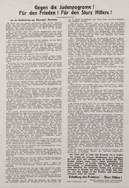 ALLEMAGNE NUIT DE CRISTAL - Gegen die Judenpogrome ! Für den frieden ! Für den Sturz Hitlers ! Tract du parti Communiste allemand, section Rhin Rhur, daté du 15 novembre 1938, dénonçant les crimes de la Nuit de Cristal, une p. in-4°, imprimée au recto seul, sur deux colonnes. Parfait état.
