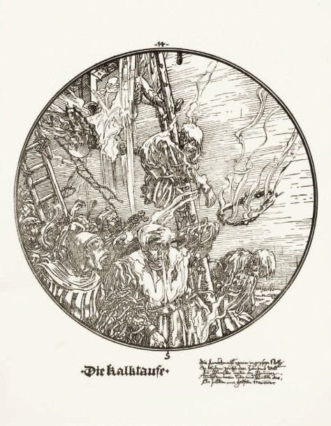 Joseph SATTLER (1867-1931)
Die Wiedertaufer. Berlin, Stargardt, s.d. (1895), un vol. in-4° br. sous couv. ill. Recueil de 30 planches satyriques inspirées par des gravures du début du XVIe siècle.
