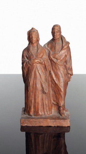 B. LAURENT BERGODEAU (XXe)
Couple de juifs marocains en tenue traditionnelle Terre cuite signée en arrière sur la terrasse. Haut.: 28 cm 0 /