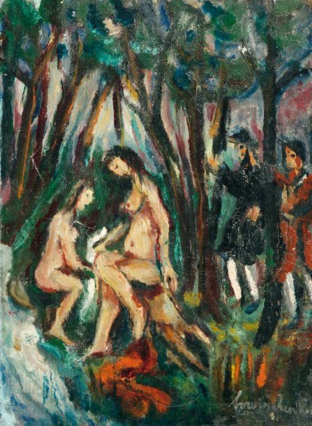BORVINE FRENKEL (1895-1984)
Nues devant les hassidim Huile sur toile, signée en bas et à droite. 32,5 x 24 cm