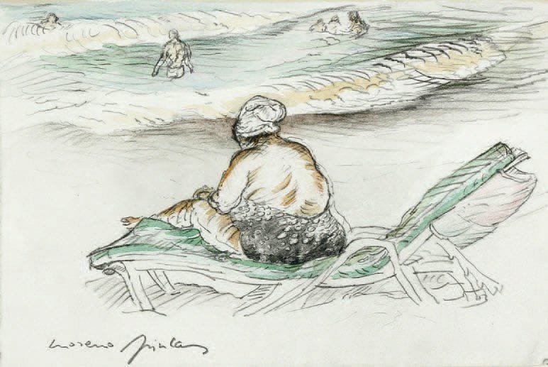 MORENO-PINCAS (né en 1936)
Femme sur un transat en bord de mer Aquarelle sur trait de crayon, signée en bas et à droite. 13,5 x 20,5 cm