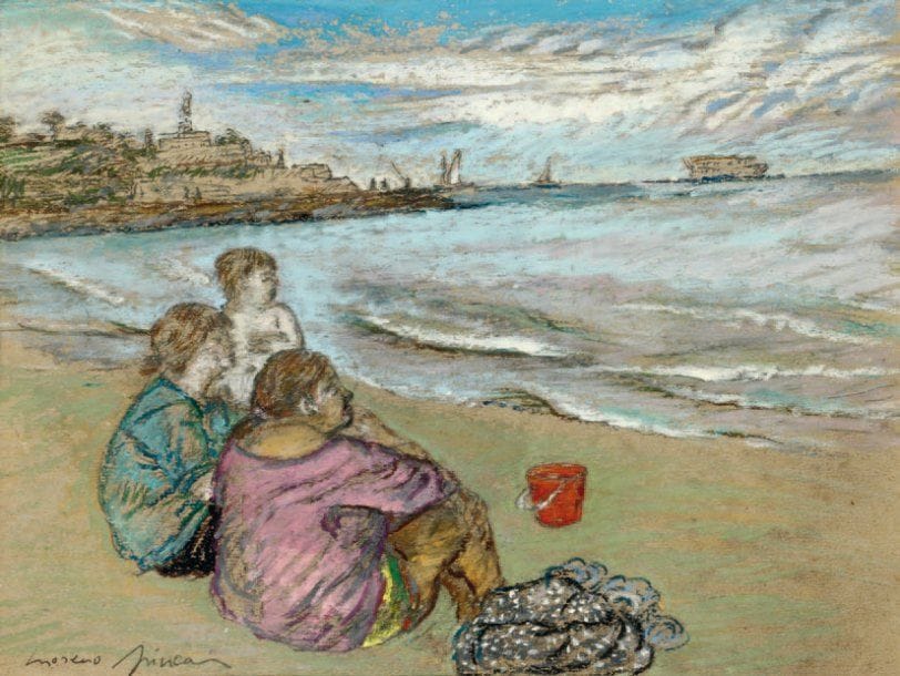 MORENO-PINCAS (né en 1936)
Sur la plage (Tel-Aviv - Jaffa ?) Gouache et pastel sur traits de fusain, signé en bas et à gauche. 31 x 24 cm