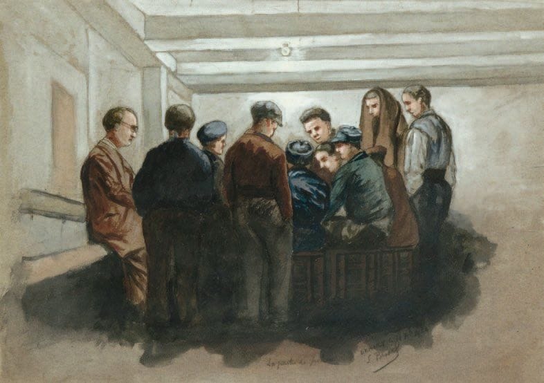 L. BESSIS (XXe siècle)
La partie de poker Aquarelle sur papier, signée en bas et droite, localisée Drancy et datée du 18 Xbre 1944, titrée en bas et au milieu. 38 x 27 cm (à vue)
