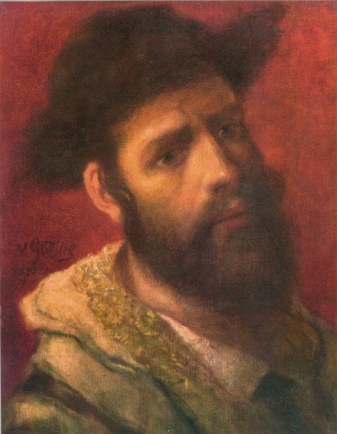 Mauricy GOTTLIEB (1856-1879)
Portrait d'un jeune juif portant son châle de prières Huile sur toile, signée et datée 1870 (ou 76 ?) en bas et à gauche. Travail très caractéristique de cet artiste qui, s'étant spécialisé dans la représentation de scènes religieuses juives, a été surnommé "le Rembrandt de la peinture juive". Le personnage représenté porte un châle de prières à garniture brodée de fils métalliques, tout à fait caractéristique de l'Europe Centrale. Rentoilage, restaurations et petits repeints sur le fond, les vêtements et à la partie droite de la barbe, petits manques de peinture dans l'angle inférieur droit. 35 x 27,5 cm.