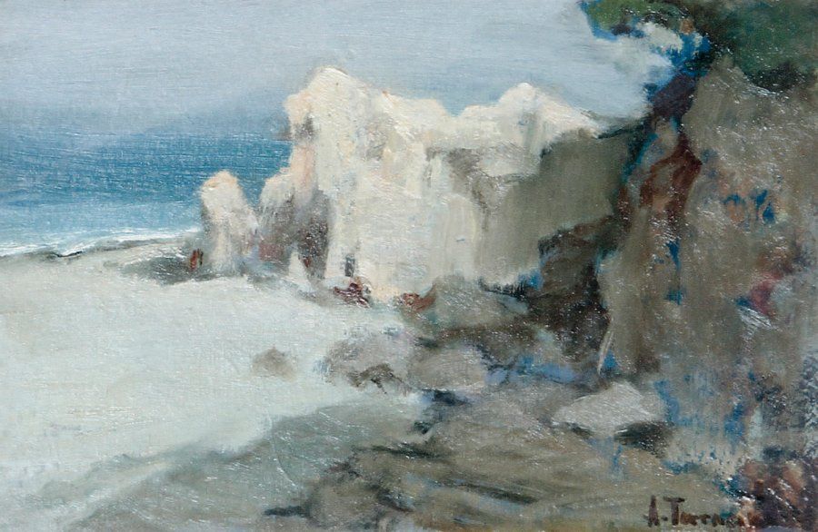 Arturo Bacio TERRACINA (1882-1951)
Bord de mer Huile sur carton, signée en bas et droite. 14 x 21 cm (à vue)