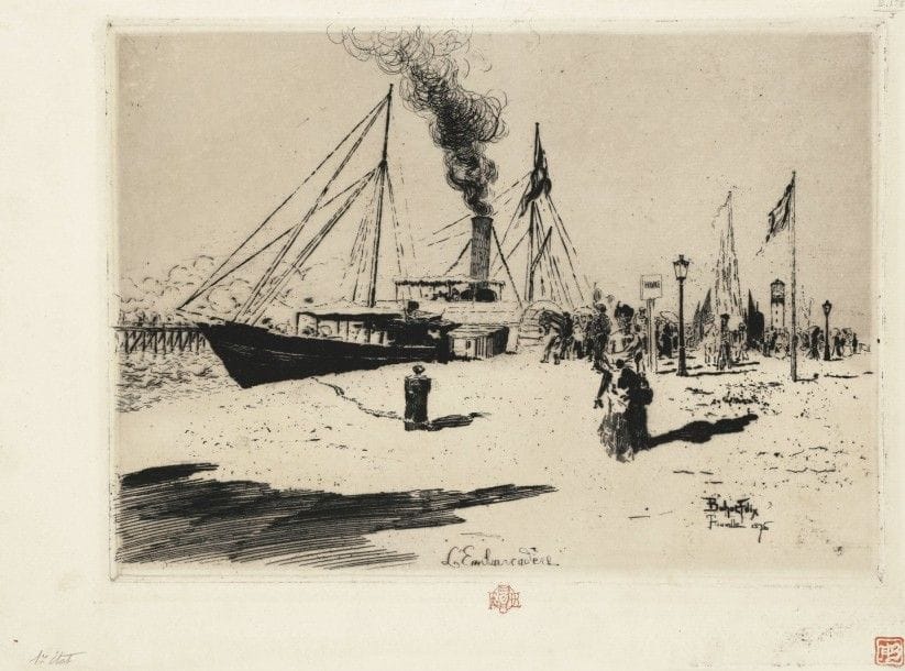 Félix BUHOT (1847-1898)
Embarcadère à Trouville. 1877. Eau-forte. 275 x 195. Bourcard, Goodfriend 126. Superbe épreuve sur vergé, du 1er état (sur 3), à l’eau-forte pure, avant effaçage de la mention « L’Embarcadère », tirée à l’effet, timbrée (Lugt 977). Toutes marges. Ex-coll. A. Barrier (Lugt 70c). 																																														