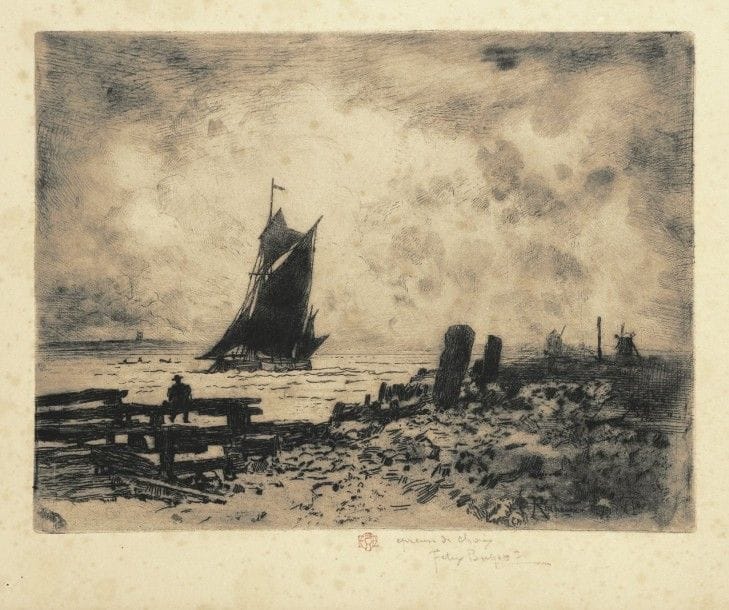 Félix BUHOT (1847-1898)
La Petite marine – souvenir de Medway. 1879. Eau-forte, pointe sèche, aquatinte et roulette. 216 x 163. Bourcard, Goodfriend 153. Très belle épreuve sur vélin fort, timbrée (Lugt 978) et annotée « epreuve de choix » puis signée au crayon. Rousseurs claires éparses. Minuscules enfoncements dans le ciel. Petites traces d’adhésif oxydées dans les angles au verso. Bonnes marges. 																																														
