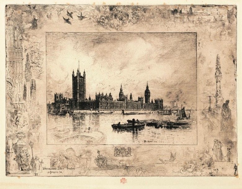 Félix BUHOT (1847-1898)
Westminster Palace. 1884. Eau-forte et pointe sèche. 395 x 290. Bourcard, Goodfriend 155. Très belle épreuve sur vélin fort, du 6e état (sur 7 selon Bourcard), avant effaçage des mots « in progress for », légèrement oxydée, timbrée (Lugt 977) et annotée au crayon rouge en pied « à consulter (?) ». Petites rousseurs éparses. Le coup de planche légèrement fracturé par places au verso. Toutes marges. 																																														