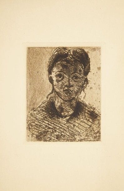 Paul CEZANNE (1839-1906)
Tête de jeune fille. 1873. Eau-forte et roulette. 105 x 128. Cherpin 6. Impression en brun. Très belle et fraîche épreuve tirée avec teinte de fond, sur vélin crème fort ivoire, les biseaux très apparents, du tirage de 1914 pour l’ouvrage d’Ambroise Vollard, Paul Cézanne. Petits restes de colle dans les angles au verso. Toutes marges.																																														