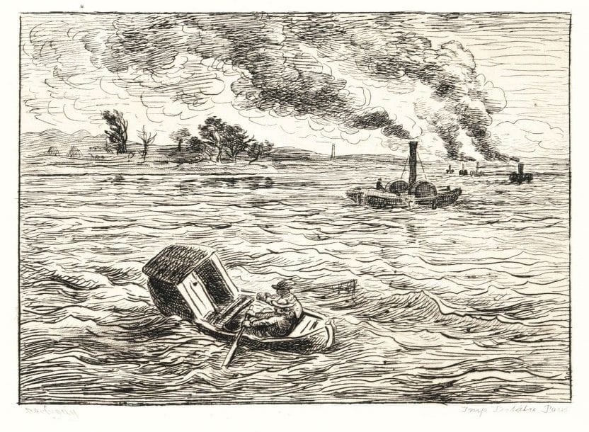 Charles-François DAUBIGNY (1817-1878)
Voyage en bateau. Croquis à l’Eau-Forte par Daubigny. 1862. Eau-forte et roulette. Chaque 188 x 138. Delteil 99 (ii/iii), 100, 101, 103, 105, 106, 107, 109 (2 épr.), 110, 111, 112, 113, 114, 115. Réunion d’un titre et de 14 épreuves sur vergé, sur vélin ou sur chine appliqué, certaines de la coll. H.-M. Petiet. Quelques rousseurs claires. Certaines avec marges étroites. Joint : Soleil couchant. 1859. Eau-forte. 240 x 175. Delteil 92. Belle épreuve sur chine appliqué, du tirage de luxe pour la Gazette des Beaux-Arts ; Le Troupeau de vaches. 1873. Autographie. 255 x 165. Delteil 132. Bonne épreuve sur chine appliqué, avec fortes traces d’oxydation, les marges réduites. Ens. 17 p. 																																														